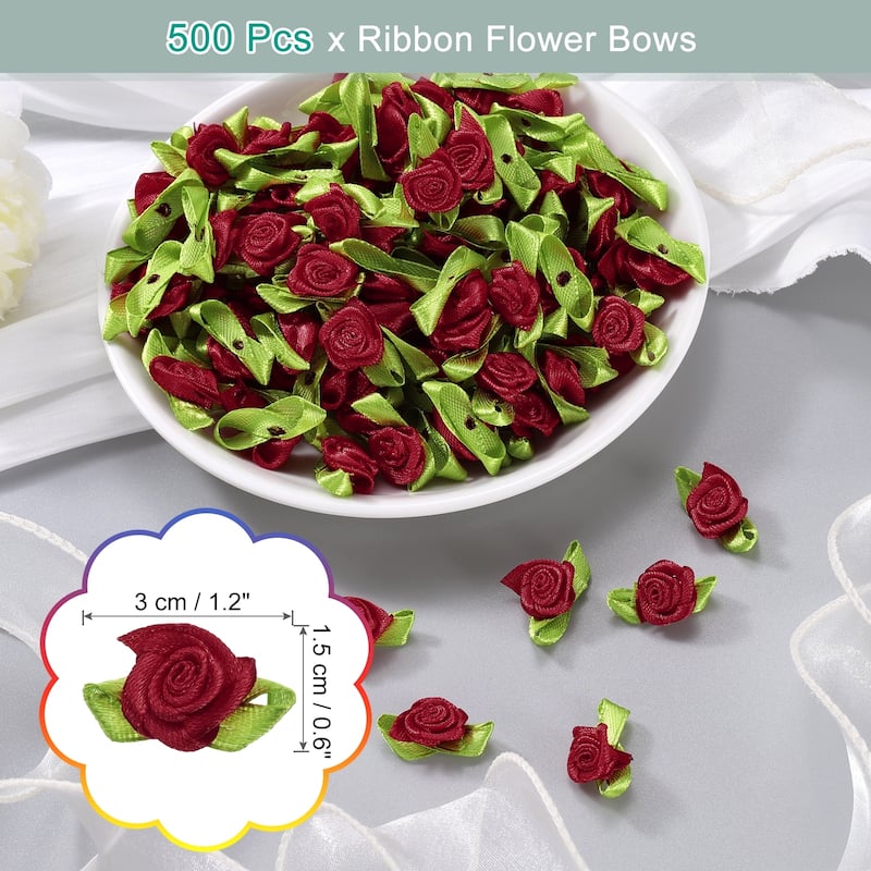 500 Pcs Mini Ribbon Roses Flowers Bows for Crafts, 15mm/0.6" Dia - Wine Red