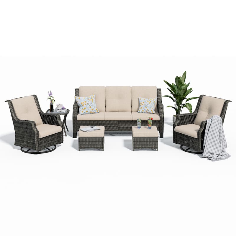 Cozywor 6-Piece Outdoor Patio Swivel Rocking Wicker Conversation Lounge Chairs with Side Table and Ottoman