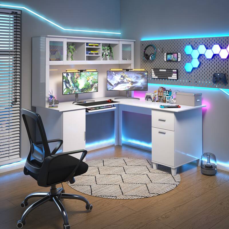 Home Office Computer Desk with Storage Shelves, Drawer, and Cabinets