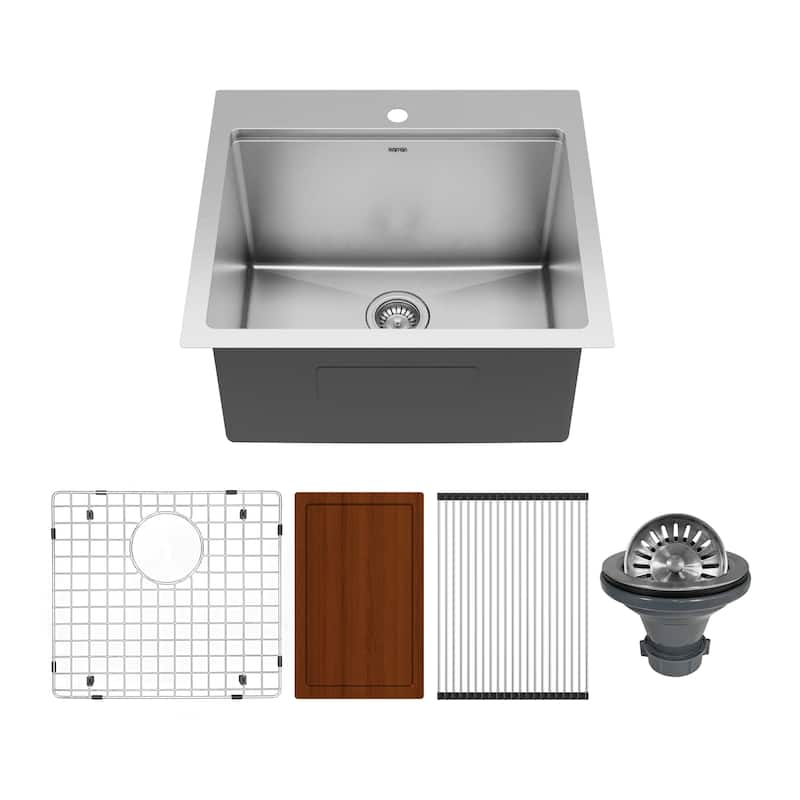 Karran Elite WST-22-PK1 Top Mount 25" Single Bowl Stainless Steel Workstation Kitchen Sink with Deeper Bowl