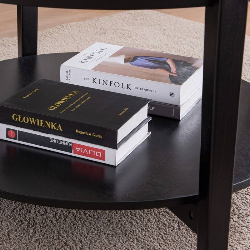 Round Glass Top Solid Wood Storage Coffee Table