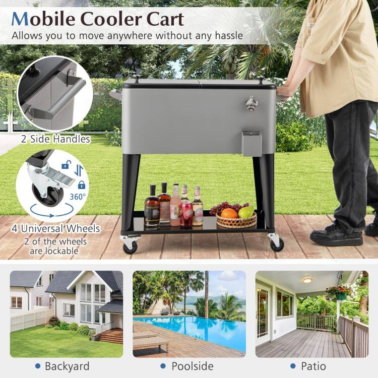 Metal Rolling Cooler Ice Chest with Wheels, Insulation and Bottle Opener - 36" x 15.5" x 34.5"
