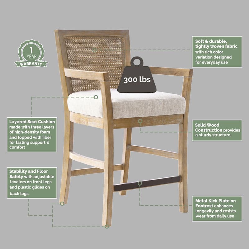 Madison Park Diedra Reclaimed Wood Counter Stool with Natural Rattan Back and Upholstered Seat