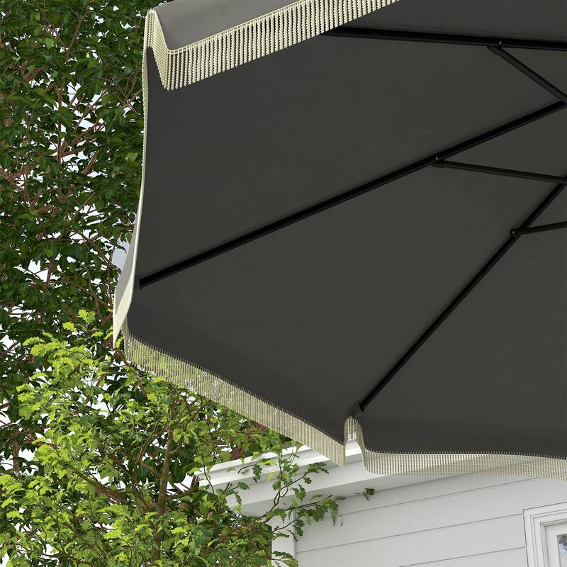 Outsunny 9ft Patio Umbrella with Push Button Tilt and Crank, Ruffled Outdoor Market Table Umbrella with Tassles and 8 Ribs