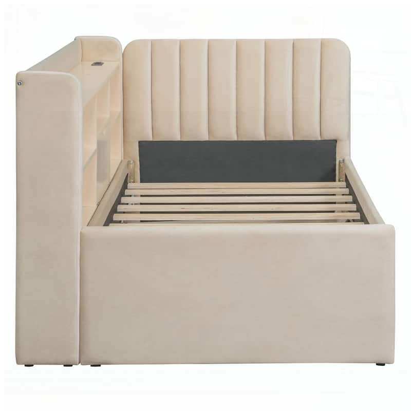 Upholstered Daybed with Trundle and Storage Shelves