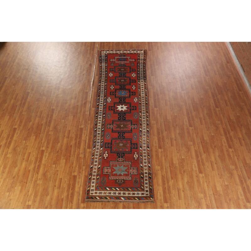 Hand Knotted Oriental 100% Wool Carpet Traditional Tribal Red Kazak Runner Rug - 13' 3'' X 3' 10''