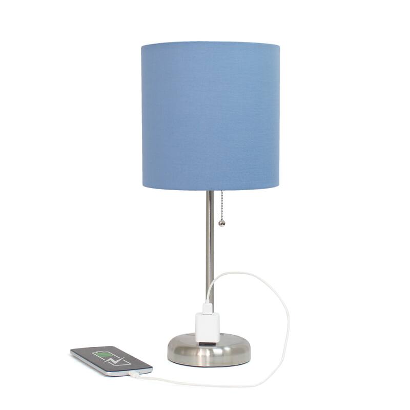 19.5 in. Brushed Steel Finish Table Lamp with Blue Shade, Sturdy Table Lamp for Living Rooms and Bedrooms