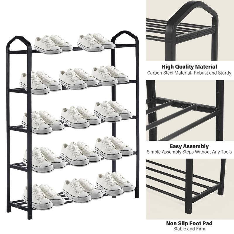 5-Tier Stackable Shoe Rack, 15-Pairs Sturdy Shoe Shelf Storage , Black Shoe Tower