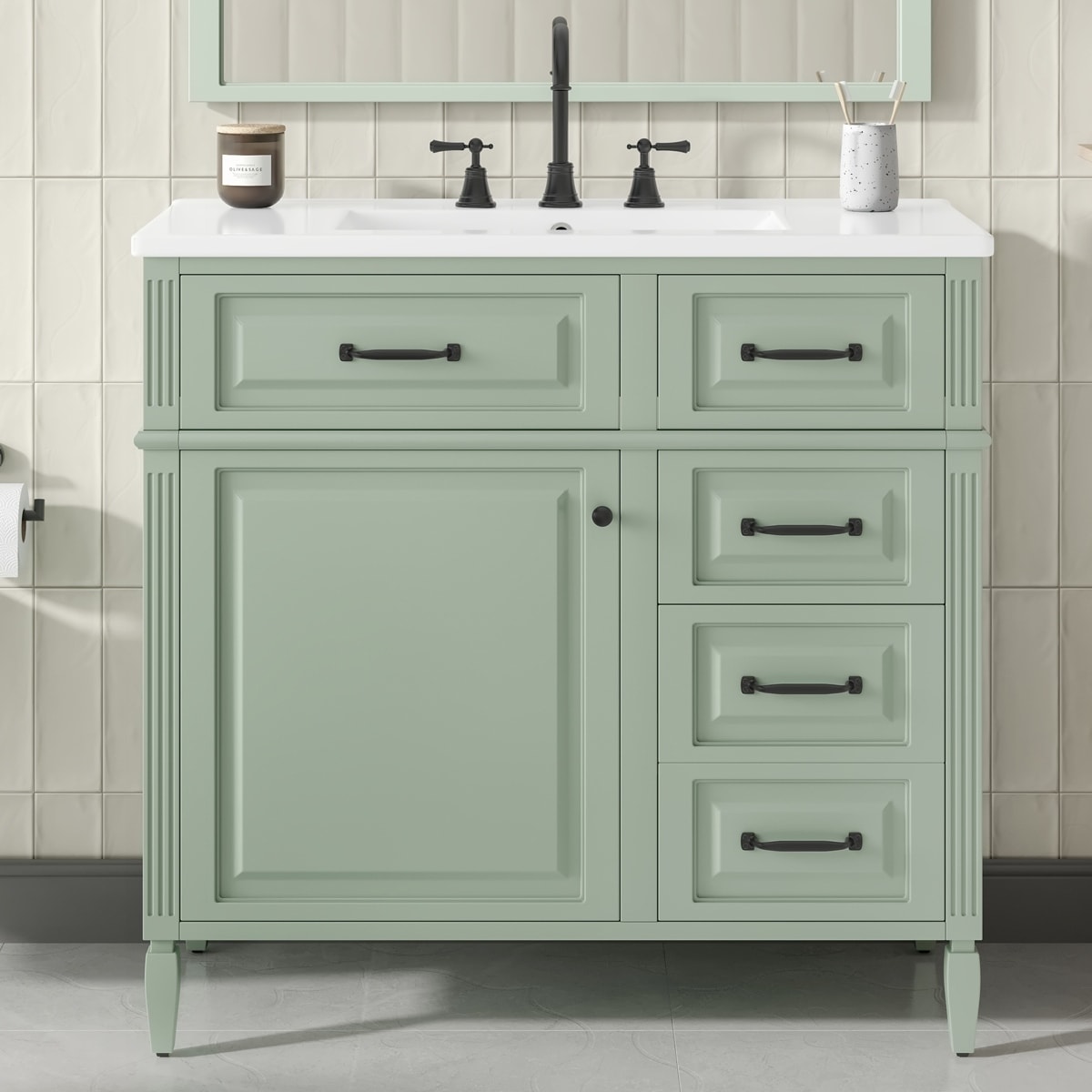 Wood Bathroom Storage Cabinet with Ceramic Sink,Adjustable Shelf,Smart Drawer