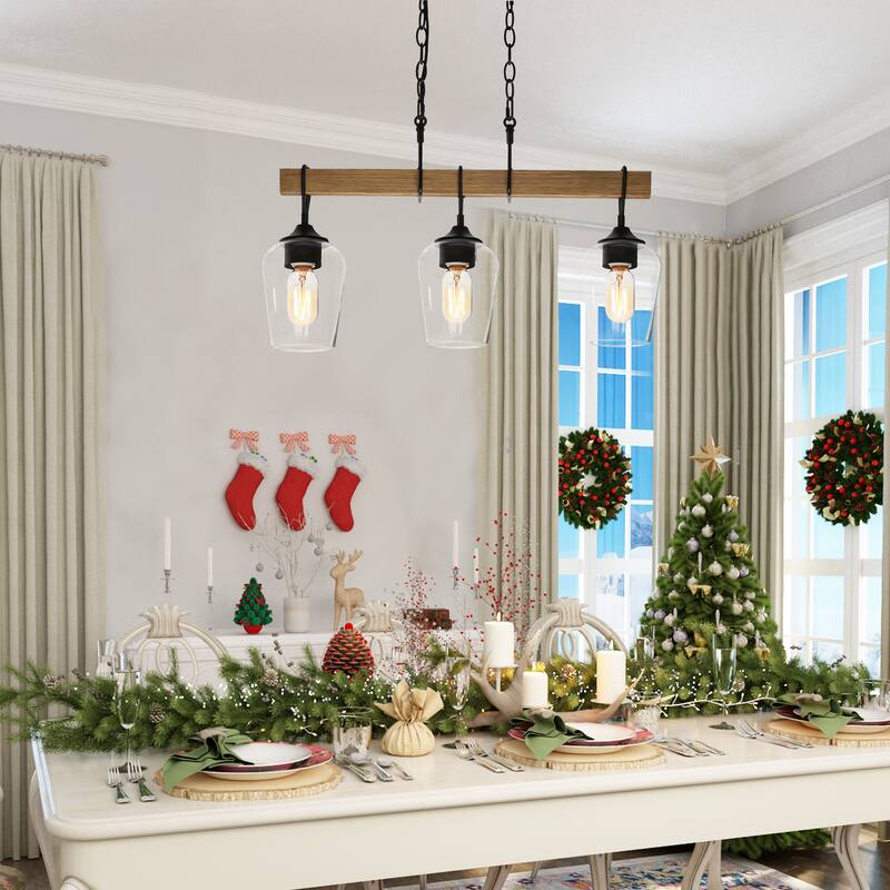 Farmhouse Rustic 3-light Linear Chandelier Clear Glass Island Lights for Dining Room