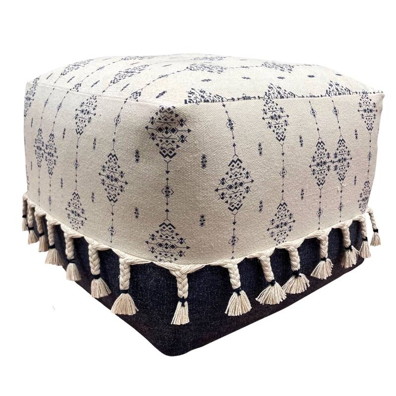 18" Navy and White Ornamental Motif Handcrafted Square Pouf Ottoman