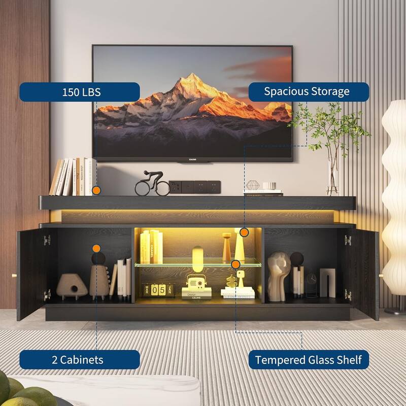 63" TV Stand, Entertainment Center with Power Outlet for Living Room