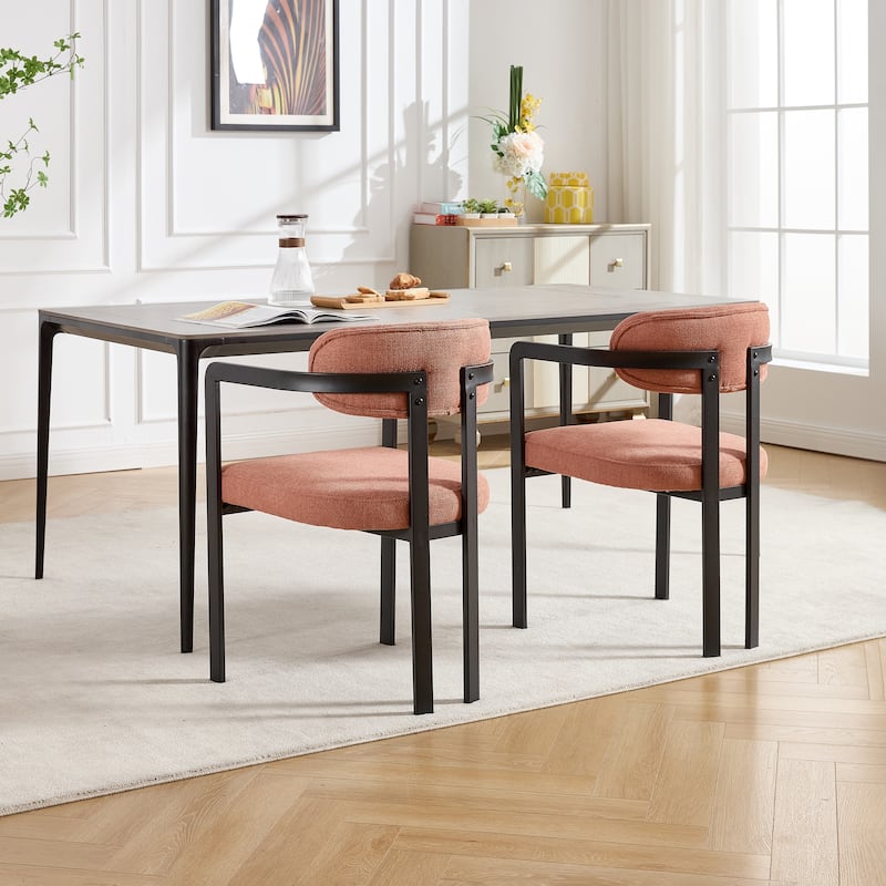 Modern Dining Room Chairs Set of 2, Mid-Century Upholstered Boucle Kitchen Dining Chairs with Black Metal Legs