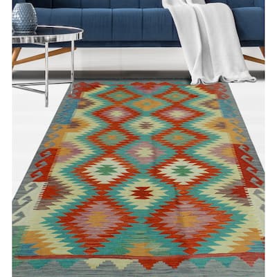 Sangat Flatweave Enit Red/Blue Rug - 4'3" x 6'1"