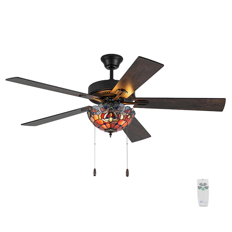52" W Magna Carta Indoor Tiffany Stained Glass Oil Rubbed Bronze Ceiling Fan with Remote Control - Red/Amber