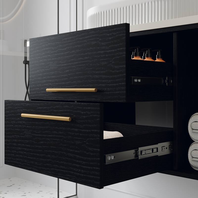 39.4"Wall-Mounted Bathroom Vanity with Ceramic Sink Floating Vanity Multi-Layer Cabinet Soft-Close Drawers Open Shelf Storage