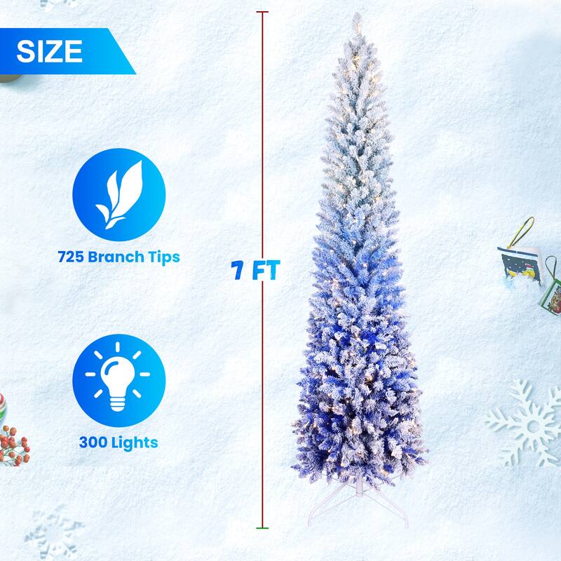 7ft Blue Gradient Flocked Pencil Christmas Tree With 300 Warm White Led Lights, 725 Tips,Metal Stand-Narrow Prelit Tree