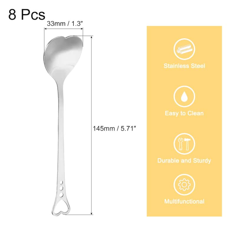 8Pcs 5.7" Stainless Steel Heart Shape Spoons Coffee Spoon Teaspoon - Silver