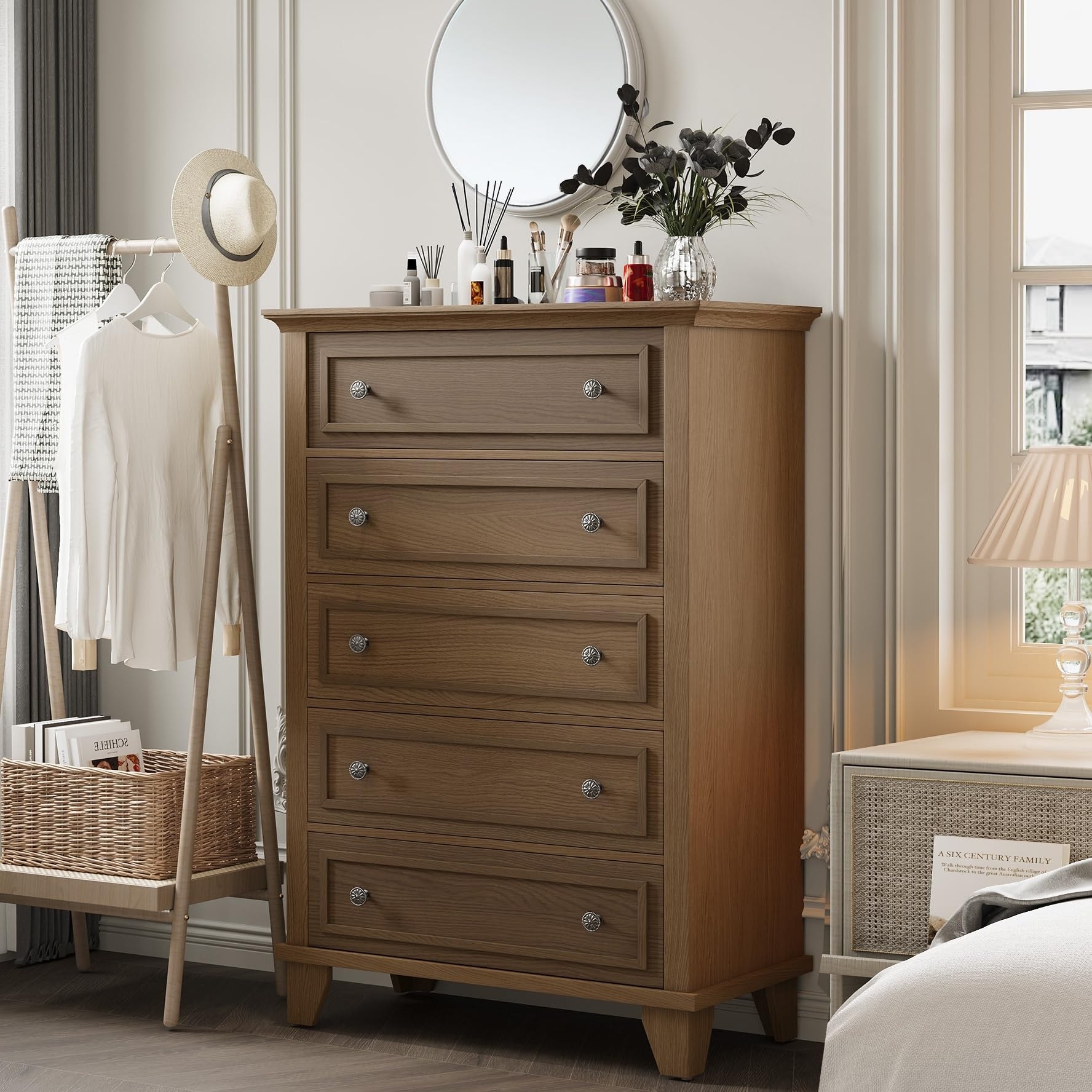 5-Drawer Tall Dresser, Wooden Chest, Deep Drawers, Metal Handles & Anti-Tip, for Bedroom/Living/Hallway/Office