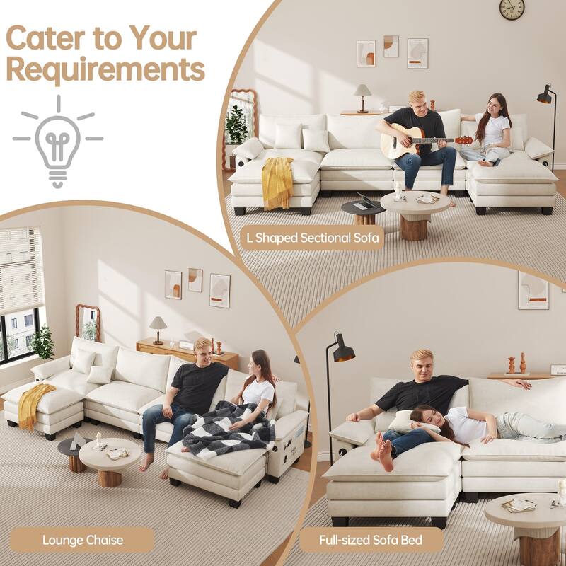 144" Modular Compression Sofa Set Convertible Sectional Sleeper Couch with 2 Ottomans