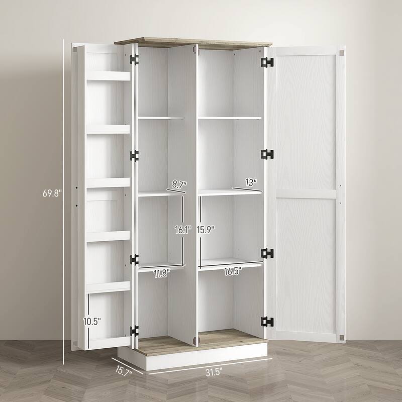 70" Modern Kitchen Pantry Cabinet with Spice Racks and Adjustable Shelves