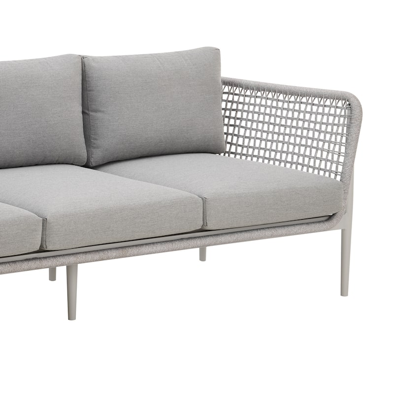 Rhodes Outdoor Patio Sofa in Aluminum with Light Gray Rope and Cushions