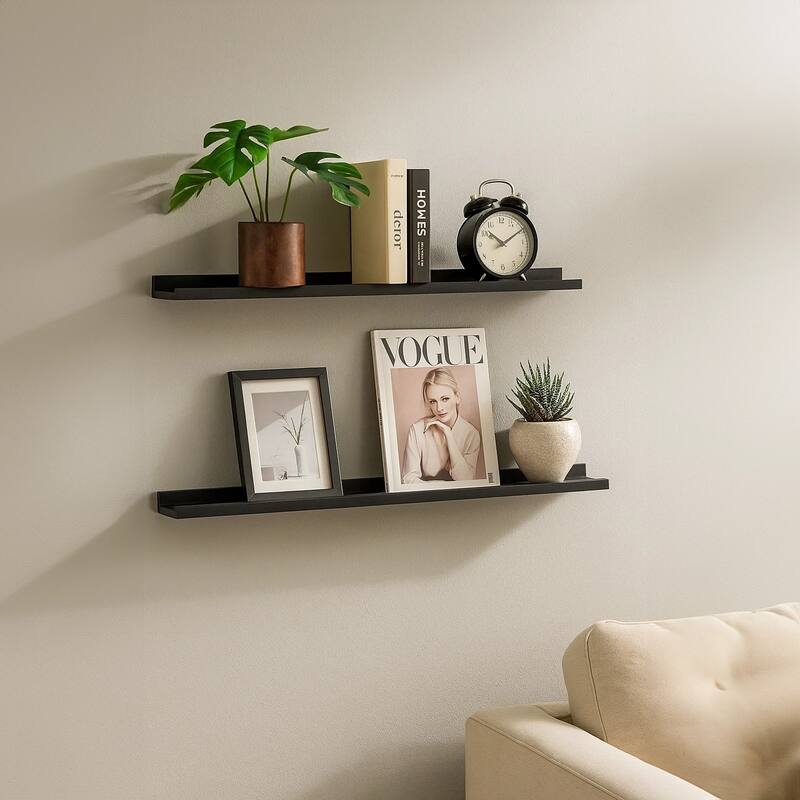 Yuli Modern Wall Shelf Set of 4, Raised Ledge Design, Black MDF 39 Inch