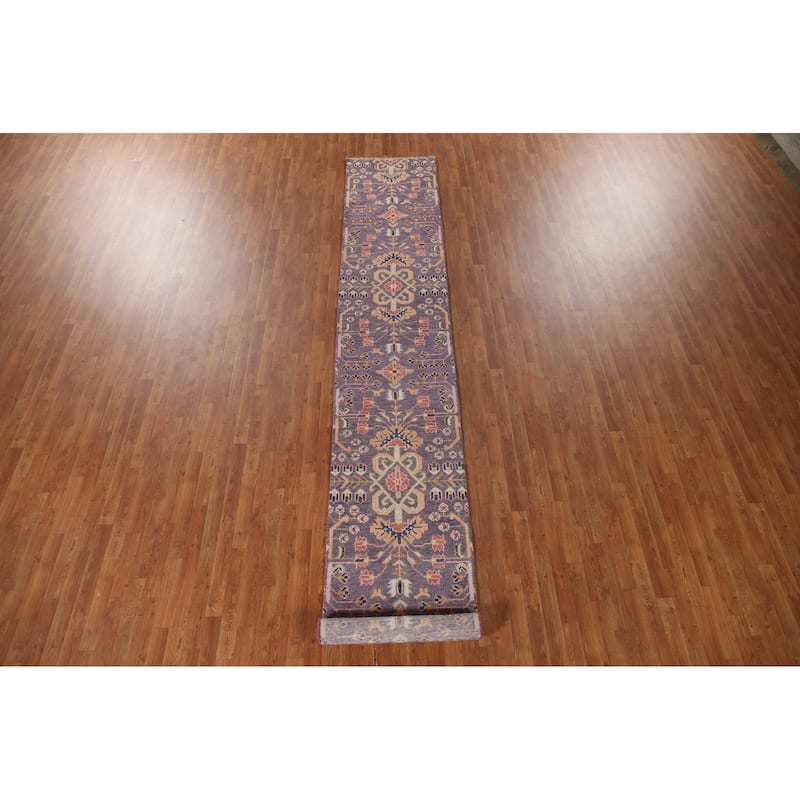 All-Over Purple Kazak Indian Runner Rug Handmade Wool Carpet - 2'6"x 15'10"