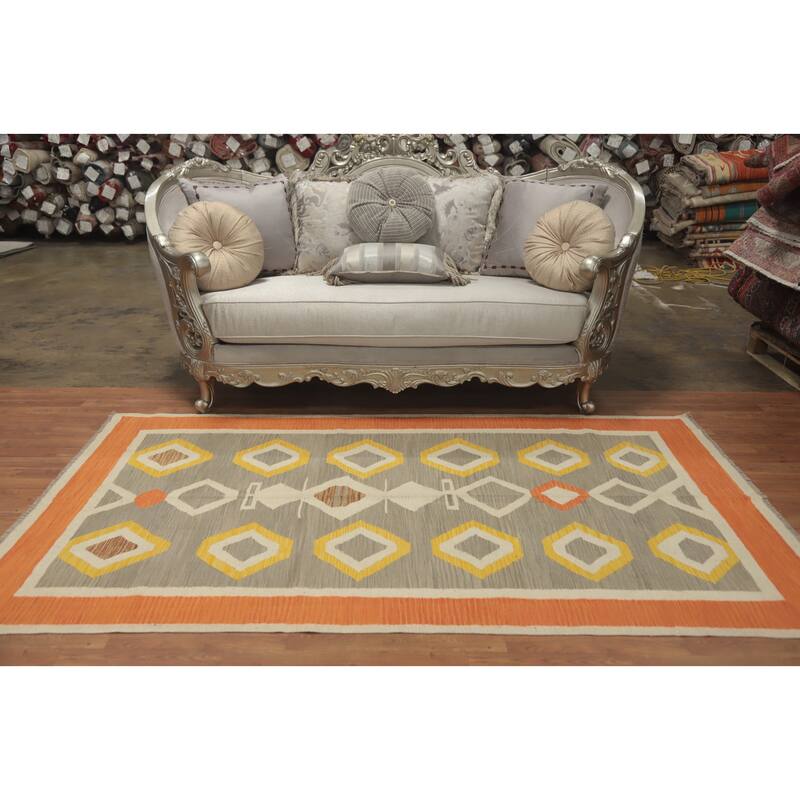 Hand Woven Oriental 100% Wool Carpet Southwestern Tribal Greys & Charcoal Kilim Area Rug - 8' 1'' X 4' 9''