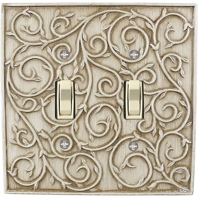 Meriville French Scroll 2 Toggle Wallplate, Double Switch Electrical Cover Plate - Weathered White