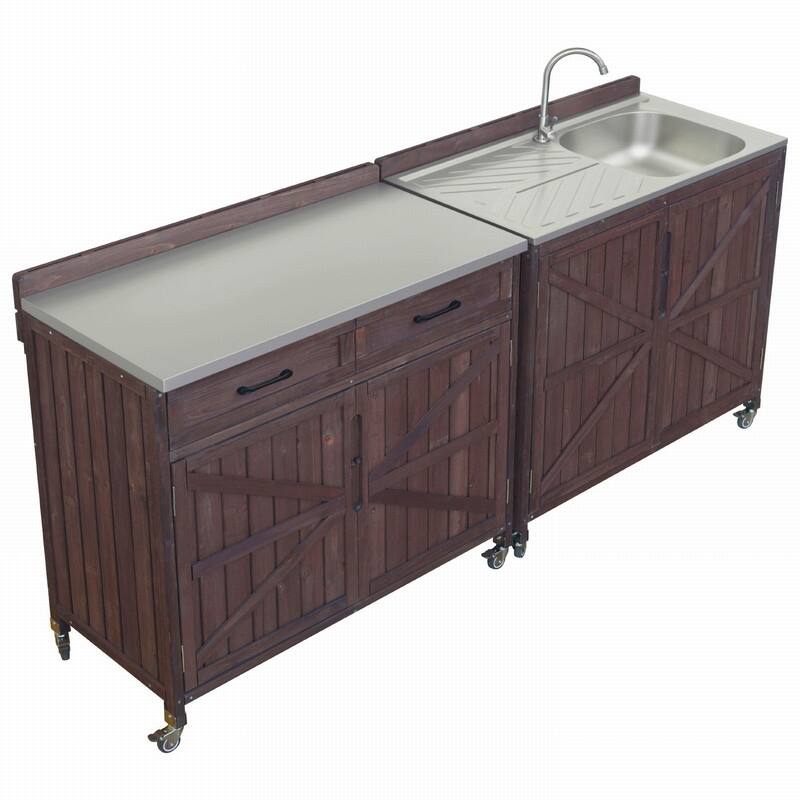 2-Piece Outdoor Kitchen Island Set with Stainless Steel Top and Sink, Drawer and Cabinets for Outdoor Storage w/ Wheels