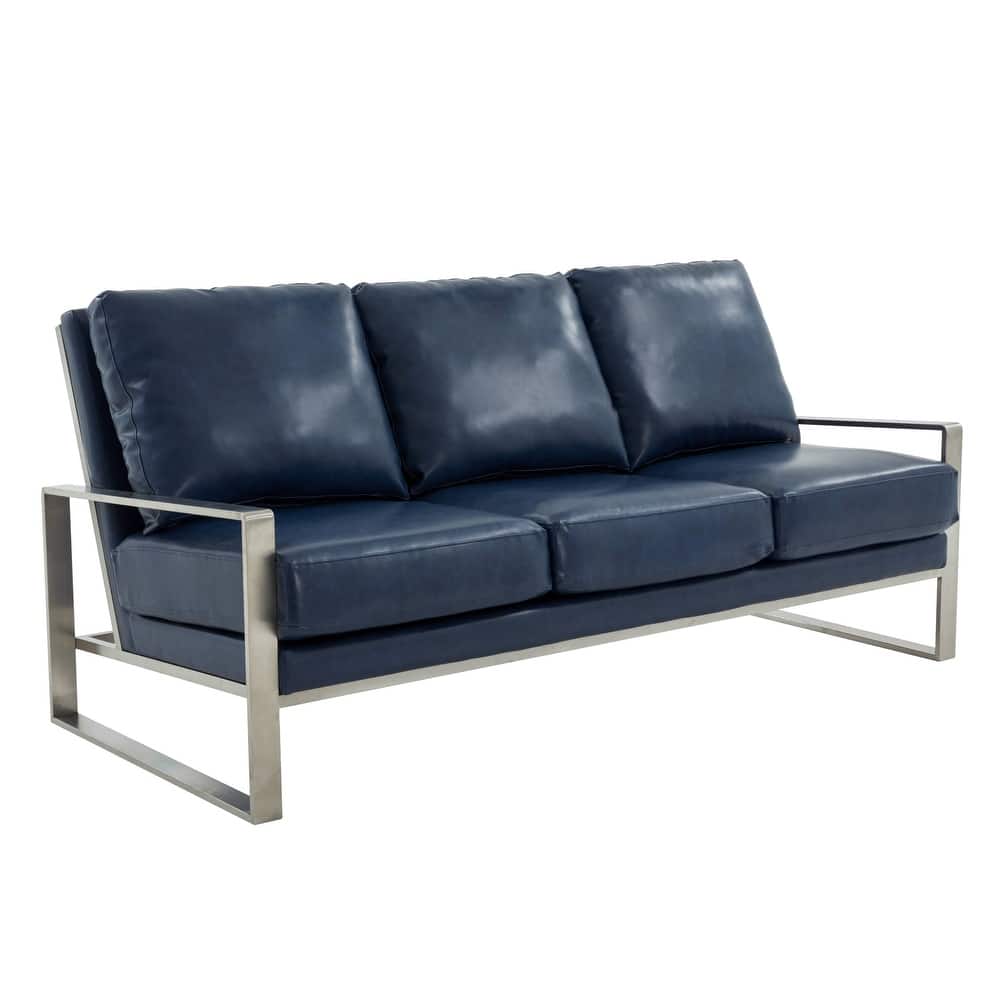 Jefferson 3 Seater Leather Sofa in Brushed Silver Stainless Steel Frame with Armrest and Pocket Spring Couch - 77.1