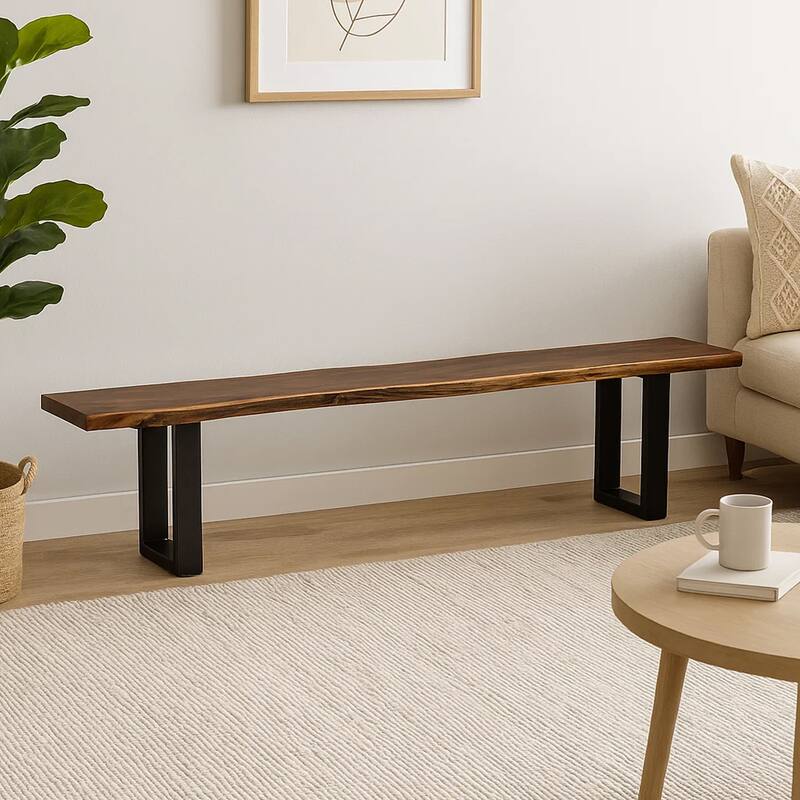 Cid Xue 102 Inch Dining Bench, Brown Live Edge Rectangular Top, Black Metal