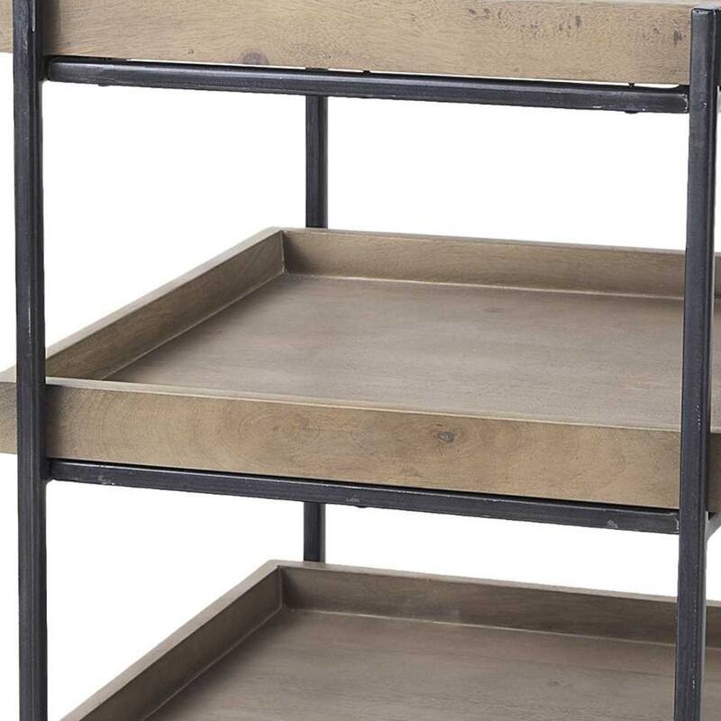 Brown Solid Wood Square End Table with Abstract Metal Base and 2 Shelves - 20” x 20” x 26” (D x W x H)