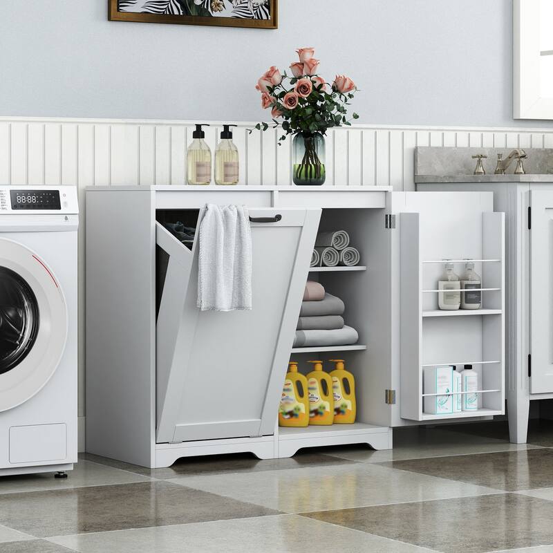 Laundry Cabinet with Doors and shelf, Tilt-Out Laundry Hamper, Freestanding Style,Adjustable Shelf,White - White