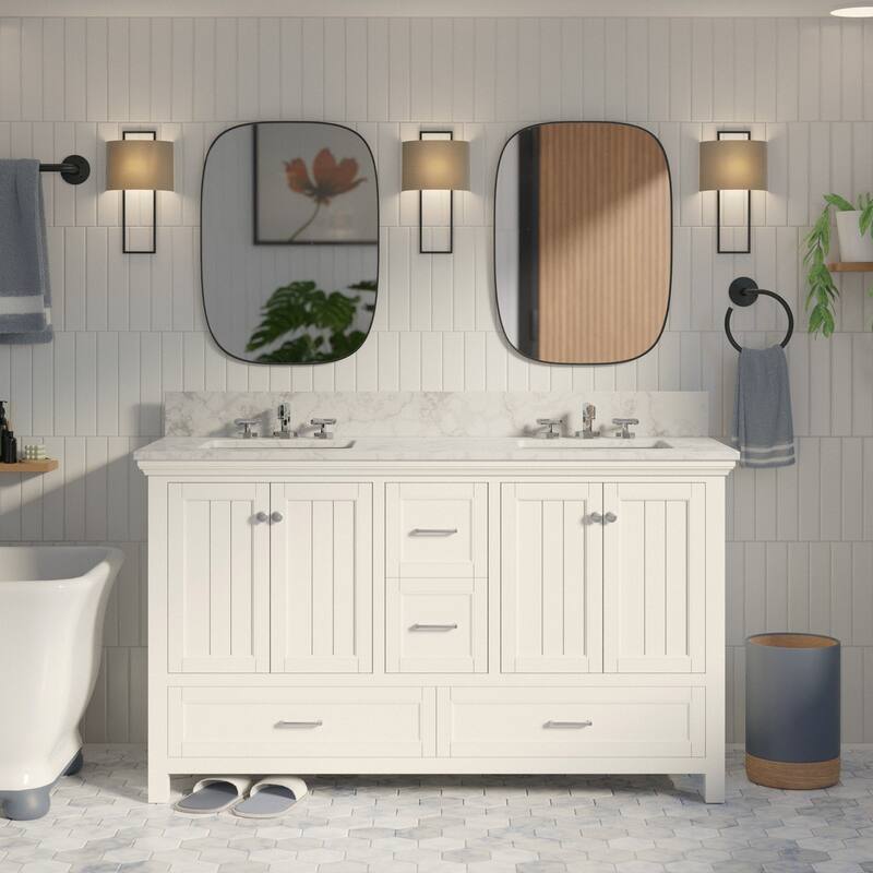 KitchenBathCollection Paige 60" Double Bathroom Vanity with Carrara Marble Top - White