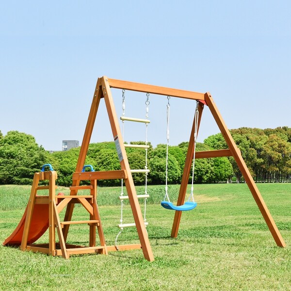 Wood Swing Set for Backyard, 4-in-1 Outdoor Swing Set w/Slide - 6