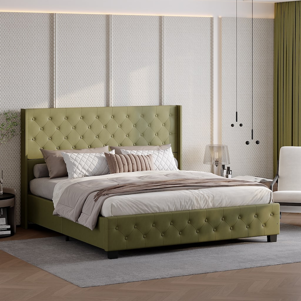 King Size Olive Green Leather Upholstered Platform Bed with Extra Tall 52.8" Tufted Wingback Headboard Bed Frame