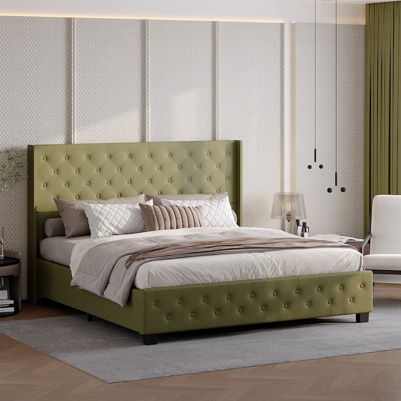 King Size Olive Green Leather Upholstered Platform Bed with Extra Tall 52.8" Tufted Wingback Headboard Bed Frame