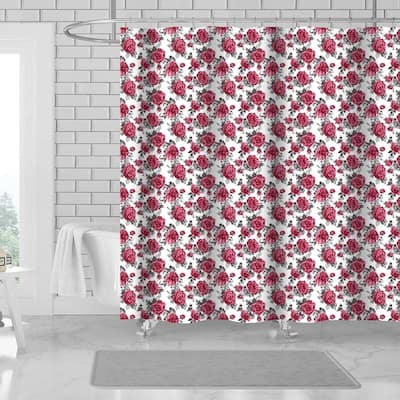 Hana 13 Piece Floral Printed Canvas Shower Curtain with Hooks, Red, 70x72 Inches