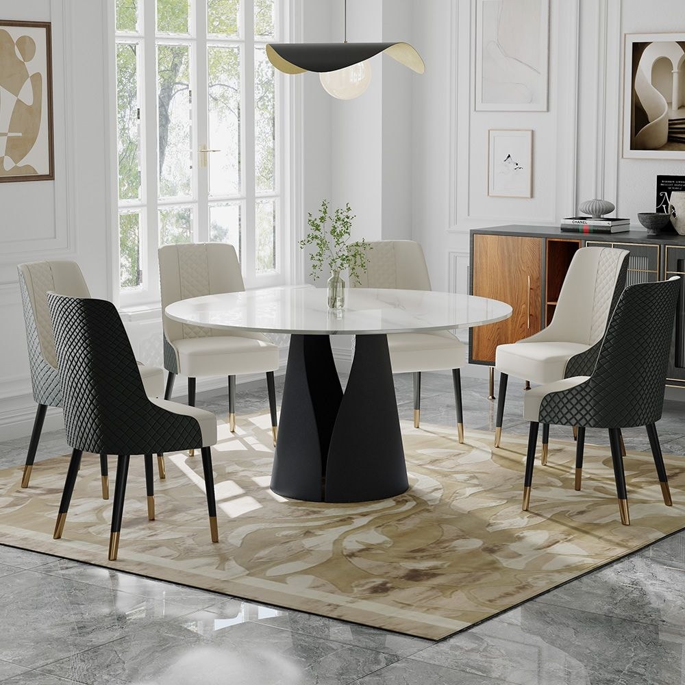 Modern Round White Dining Table，Sintered Stone Tabletop, Solid Black Carbon Steel Base