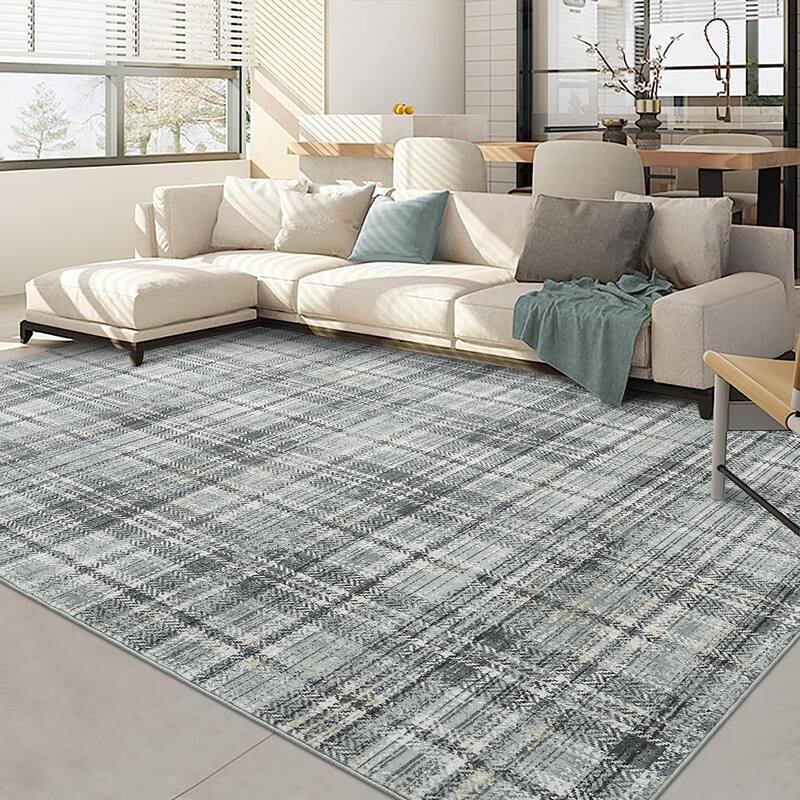 Washable Area Rugs for Living Room Bedroom Modern Plaid Rug Soft Non Slip Low Pile Farmhouse Geometric Rug - 9'x12' - Greenish Grey