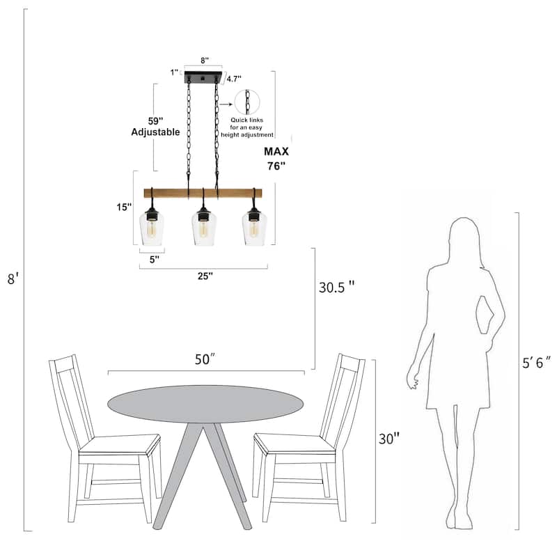 Zarbel Modern Farmhouse Glass Linear Chandelier Rustic 3-Light Black Metal Small Kitchen Island Lights