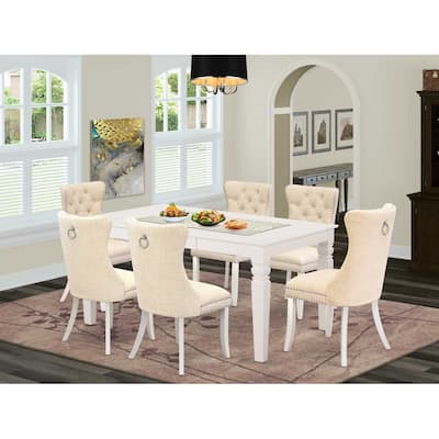 Modern 7 Piece Dining Set - Linen White Table & 6 Chairs - Farmhouse Kitchen Set