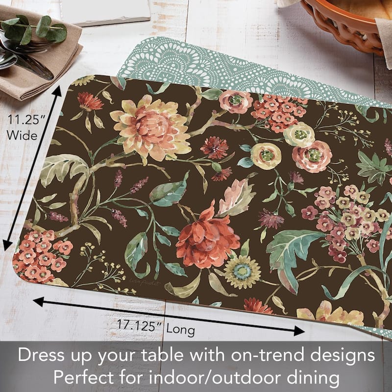 Floral Study 4 Pack Reversible Easy Care Flexible Plastic Placemats Made in The USA BPA Free Easily Wipes Clean