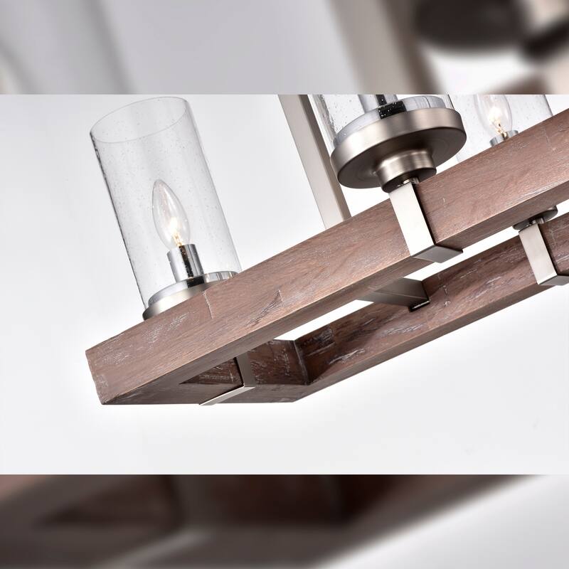 Wood and Metal 6-light Linear Chandelier with Seeded Glass Shades Nickel / Driftwood