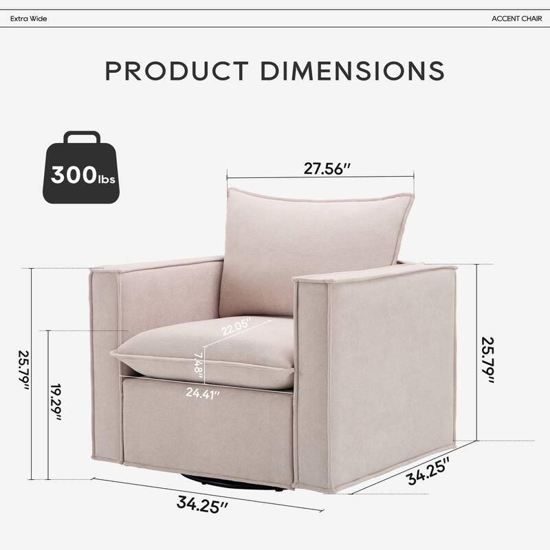 Swivel Accent Chair, 34'' Wide Upholstered Arm Chair with Plump Back Pillow, Modern Sofa Living Room Chair for Bedroom, Corner