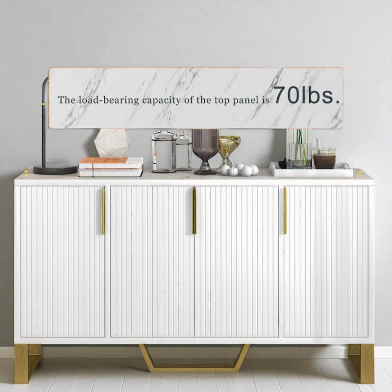 60" Modern Sideboard Buffet Cabinet with 4 Doors, Adjustable Shelves, Marble-Look Top and Gold Metal Legs
