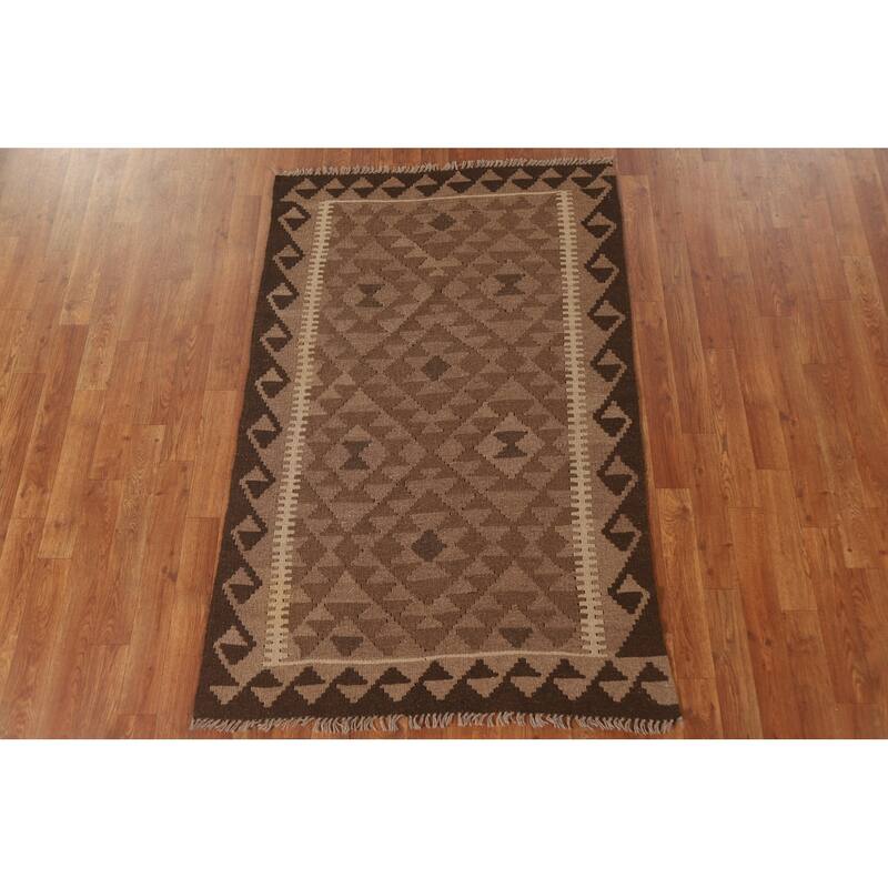 Brown Kilim Oriental Area Rug Hand-woven Wool Carpet - 3'3" x 5'2"