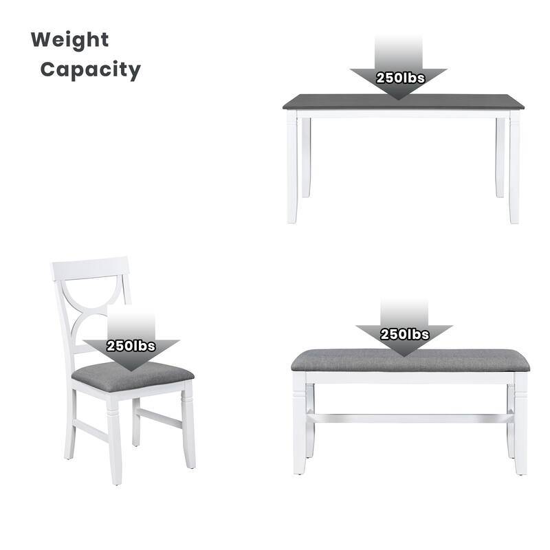 White Farmhouse 6-Piece Wooden Dining Table Set with Rectangular Table & 4 Chairs